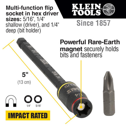 Klein Tools 32768 Klein Tools 32768 Impact Driver, 3-in-1 SAE Impact Socket and Bit Holder, Flip Socket with 1/4 Nut Driver and 5/16 Nut Driver Hex Sizes, 3 and 5-Inch Lengths, 2-Piece Set