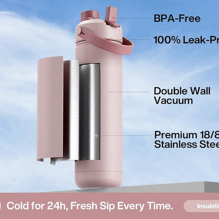 POWCAN 768 ml Insulated Water Bottle with 2-in-1 Straw and Spout Lid, Keep Cold 24H, Leak-Proof, Fits in Car Cup Holder, Stainless Steel Water Bottle for Sports, Travel, Gym, and School (Dried Rose)