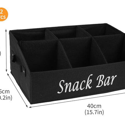 Xbopetda 2 Pack Snack Organizer for Countertop with Handles - 6 Compartment Box Basket, Bar Station, Kitchen Cabinet Pantry Storage - Black