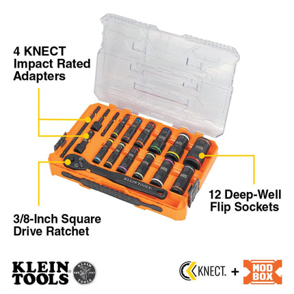 Klein Tools 65626 KNECT Deep Well Impact Socket Set, 3/8-Inch Drive Ratchet, 24 SAE and Metric Flip Socket Sizes, MODbox Case, 18-Piece