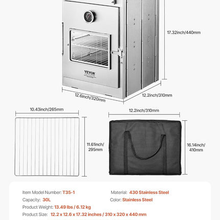 VEVOR Foldable Camping Oven, Stainless Steel Portable Camping Stove, with 3 Tier Grill, Handle and Thermometer, Use with Wood Burning Fire, Propane Stoves, for Baking Bread, Pizza, Outdoor Cooking