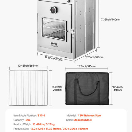 VEVOR Foldable Camping Oven, Stainless Steel Portable Camping Stove, with 3 Tier Grill, Handle and Thermometer, Use with Wood Burning Fire, Propane Stoves, for Baking Bread, Pizza, Outdoor Cooking