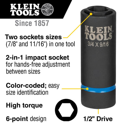 2-in-1 Deep Impact Socket, 6-Point 7/8-Inch and 11/16-Inch Hex Sizes, Use with Impact Wrenches BAT20-CW, BAT20-CW Klein Tools 66064