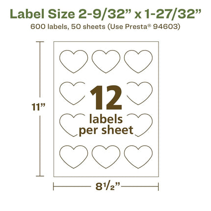 Avery EcoFriendly Matte White Recycled Heart Labels, 2-9/32" x 1-27/32", Print-to-The-Edge, Matte White Labels, Permanent Adhesive, Laser/Inkjet Printable, 600 Total