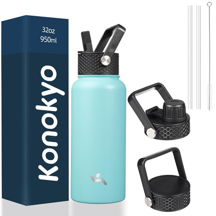Konokyo Insulated Water Bottle with Straw,32oz 3 Lids Metal Bottles Stainless Steel Water Flask,Turquoise