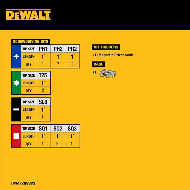 DEWALT DWAF2058CS 18 pc. Compact Magnetic Drive Guide Set, Yellow