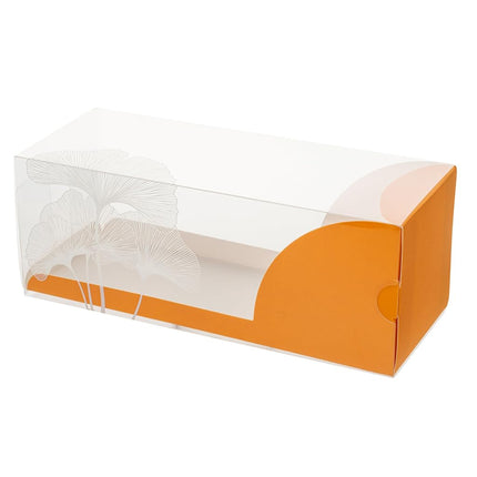 Restaurantware-7 Inch x 2.5 Inch Clear Dessert Boxes, 100 Orange Paper Sleeve Transparent Candy Boxes - Leaf Accent, No Grease Lining, Clear Plastic Clear Favor Boxes, Crack Resistant, Disposable