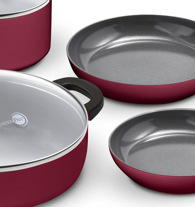 GreenPan SmartShape Cerámica Saludable Antiadherente, Juego de Ollas y Sartenes de 6 Piezas, Libre de PFAS, Apto para Lavavajillas, Rojo