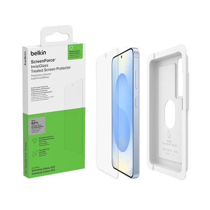 Belkin ScreenForce InvisiGlass Treated Screen Protector for Samsung Galaxy S25, 9H Hardness, Scratch-Resistant Impact Protection w/Align Tray for Easy Application - Made with Recycled Glass