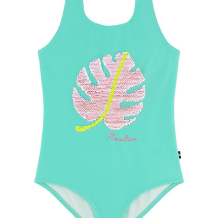 Bañador de una pieza para niña Nautica con protección solar UPF 50+, de secado rápido, Cockatoo Palm, 12-14