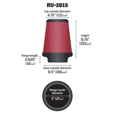 K&N Universal Clamp-On Air Filter: High Performance, Premium, Washable, Replacement Filter: Flange Diameter: 5 In, Filter Height: 8.75 In, Flange Length: 1 In, Shape: Round Tapered, RU-2815