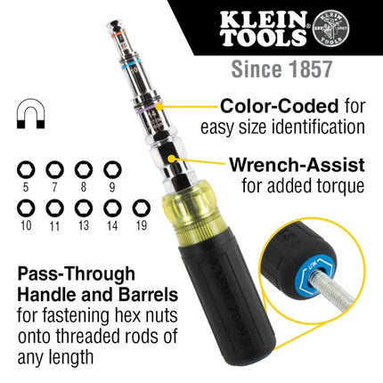 Klein Tools 32809MAGM 11-in-1 Multi-Nut Driver Tool, Magnetic Pass-Through Driver with Metric Hex Nut Sizes 5mm to 19mm
