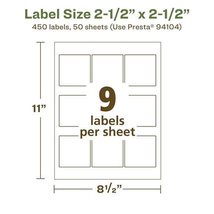 Avery EcoFriendly Matte White Recycled Square Labels, 2.5" x 2.5", Matte White Labels, Permanent Adhesive, Laser/Inkjet Printable, 450 Total