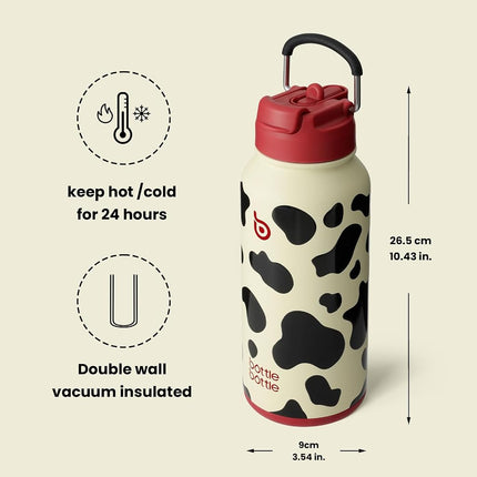 BOTTLE BOTTLE 32 oz Insulated Water Bottle Stainless Steel Sport Water Bottle with Straw Dual-use Lid Design for Gym with Pill Box (cow)