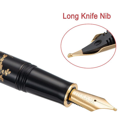 HONG DIAN N23 Black Rabbit Fountain Pen, Long Blade Medium Nib Gold Trim, New Year Lucky Rabbit Carving Design, Smooth Writing Pen with Converter and Metal Pen Box Set
