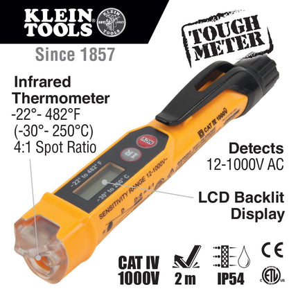 Klein Tools NCVT-4IR Non-Contact Voltage Tester, 12-1000V AC Pen with IR Thermometer -22 to 482-Degree Fahrenheit, LED and Audible Alarms, Pocket Clip