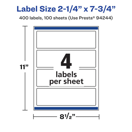 Avery Matte White Rectangle Labels with Sure Feed, 2.25" x 7.75", 400 Matte White Printable Labels