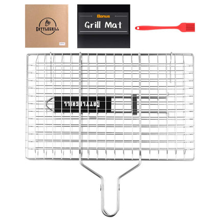 Cattlegrill Foldable BBQ Fish Grill Basket with 430 Stainless Steel, Grill Set Includes: a Reusable Grill mat and a basting Brush.