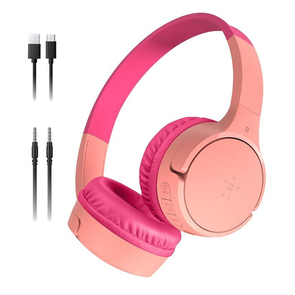 Belkin SoundForm Mini Kids Wireless Headphones w/Built-in Microphone, 30H of Playback Time, Fun Stickers - Over-Ear Headsets for Online Learning, School, iPhone, iPad, Galaxy, & More - Pink