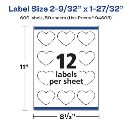 Étiquettes en forme de cœur brillantes transparentes Avery avec Sure Feed, 5,8 cm x 4,7 cm, 600 étiquettes brillantes transparentes, impression bord à bord, étiquettes imprimables laser/jet d'encre