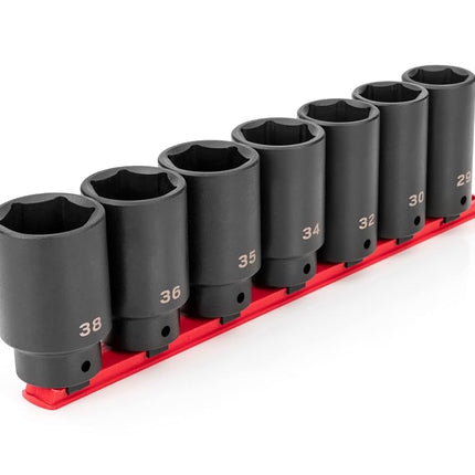 TEKTON 1/2 Inch Drive Deep 6-Point Axle Nut Impact Socket Set with Rail, 7-Piece (29-38 mm) | SID92101