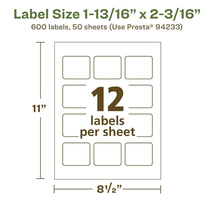 Avery EcoFriendly Matte White Recycled Rectangle Labels, 1-13/16" x 2-3/16", Print-to-The-Edge, Matte White Labels, Permanent Adhesive, Laser/Inkjet Printable, 600 Total