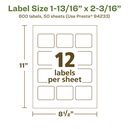 Avery EcoFriendly Matte White Recycled Rectangle Labels, 1-13/16" x 2-3/16", Print-to-The-Edge, Matte White Labels, Permanent Adhesive, Laser/Inkjet Printable, 600 Total