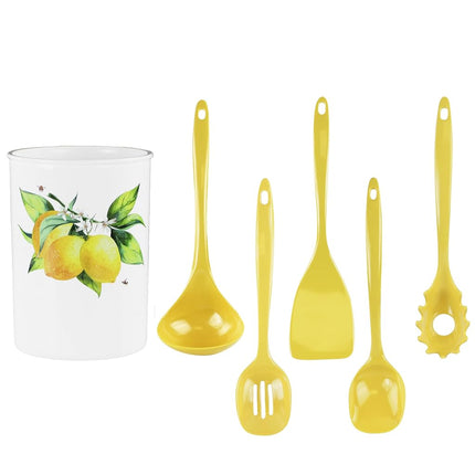Reston Lloyd 6 Piece Kitchen Utensil Holder for kitchen counter, Utensils crock with Heat Resistant Spoon, Slotted Spoon, Ladle, Spatula BPA Free, Fresh Lemons