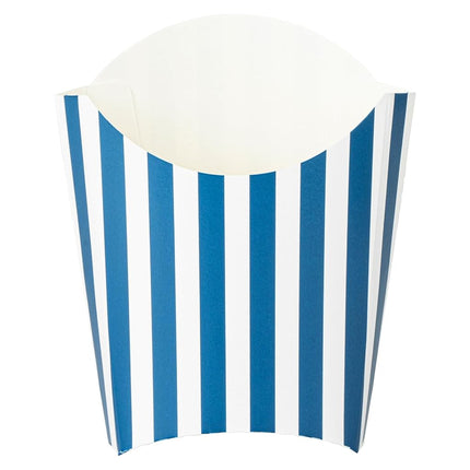 Bio Tek 3.9 x 2.6 x 3.5 Inch French Fry Cup, 100 Disposable Snack Cups - Stackable, Sustainable, Blue and White 2 Ounce Paper Fry Holder, for Fries, Onion Rings, Popcorn, or Cookies - Restaurantware