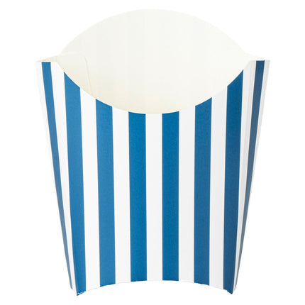 Bio Tek 3.9 x 2.6 x 3.5 Inch French Fry Cup, 100 Disposable Snack Cups - Stackable, Sustainable, Blue and White 2 Ounce Paper Fry Holder, for Fries, Onion Rings, Popcorn, or Cookies - Restaurantware