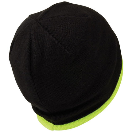 KLEIN TOOLS 60391 Knit Beanie, Thermal Fleece Winter Hat, Windproof, Fits Under Helmets, Black with High-Visibility Yellow Band Trim