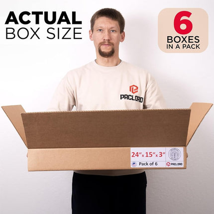 Paclord 6 Pack Flat Cardboard Boxes 24" L x 15" W x 3" H - USA Made Packaging Boxes for Moving House, Shipping or Storage - USPS, UPS, FedEx Approved