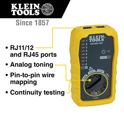 Klein Tools VDV500-705 Kit de generador de tonos y sonda, rastreador y probador de cables con sonda. Incluye pinzas de cocodrilo y enchufe RJ11 / RJ12 / RJ45