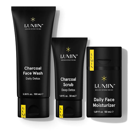 Lumin - Kit d'Entretien Classique - Kit de Soin pour Hommes - Nettoyant Visage au Charbon, Hydratant, Gommage Exfoliant - Anti-âge, Atténue les Rougeurs - Approvisionnement de 2 Mois