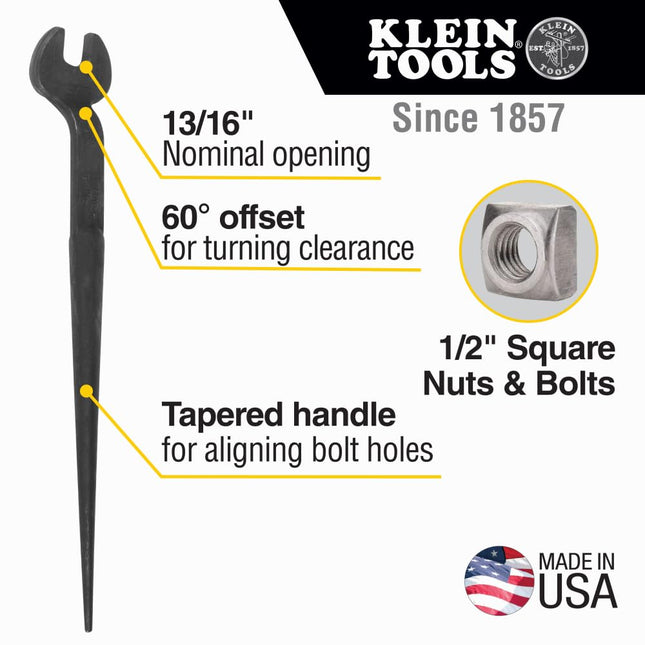 Klein Tools 3220 Spud Wrench, 13/16-Inch Nominal Opening, 1/2-Inch Bolt for U.S. Regular Nut