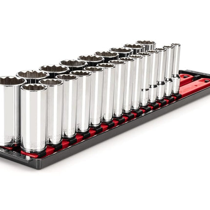 TEKTON 1/2 Inch Drive Deep 12-Point Socket Set with Rails and Tray, 23-Piece (10-32 mm) | SHD92121