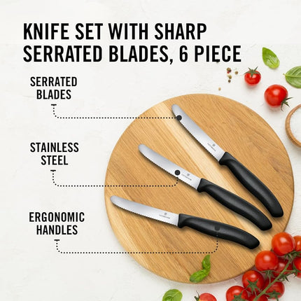 Victorinox 6-Piece Wavy Edge Steak and Tomato Knife, Round Tip, Black, 6.7833.6