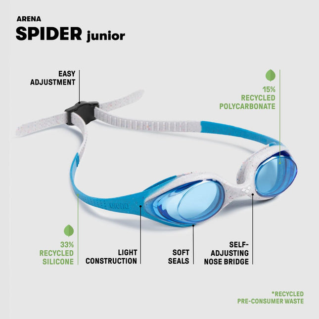 ARENA Spider Junior Swimming Goggles for Kids, Swimming Goggles with UV Protection, Self-regulating Nose Bridge, Hypoallergenic Silicone Gaskets, Anti-Fog Treatment, 6-12 Years