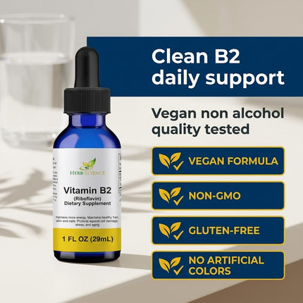 Herb-Science Liquid Vitamin B2 Riboflavin Drops, Alcohol-Free Liquid Extract Support Digestion, Maintain Proper Energy Levels, Boost Collagen Production for Healthy Hair, Nails, Skin, (1 oz)
