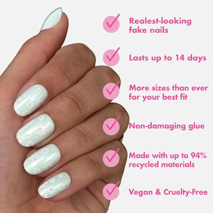 Olive & June Maximalist Instant Mani Press-On Nails (Glue) | 42 Fake Nails, 21 Sizes | Non-Toxic, Long-Lasting Big, Bold Gorgeous Realistic Look | Short, Round | Teal Chrome Flower Shower