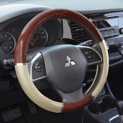BDK Cubre Volante de Coche de Imitación Grano de Madera Oscura, Estándar de 15 pulgadas con Agarre de Piel Sintética Beige, Hecho para Adaptarse a la Mayoría de Coches, Camiones, Furgonetas, SUV