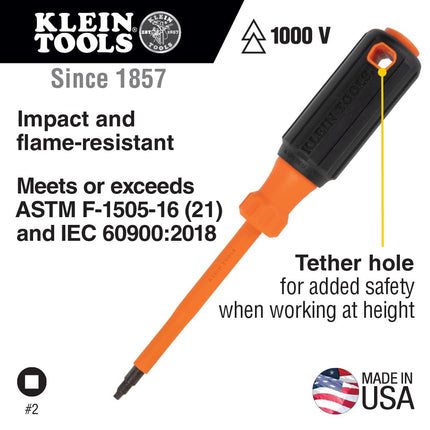 Klein Tools 6884INS Destornillador aislado, destornillador de punta cuadrada #1 de 1000V con vástago de 4 pulgadas, Tip-Ident, mango Cushion-Grip