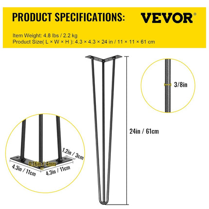 Happybuy Hairpin Table Legs 24" Black Set of 4 Desk Legs 880lbs Load Capacity (Each 220lbs) Hairpin Desk Legs 3 Rods for Bench Desk Dining End Table Chairs Carbon Steel DIY Heavy Duty Furniture Legs