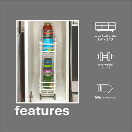Household Essentials Narrow Sliding Cabinet Organizer, Two Tier Organizer, White, Great for Slim Cabinets in Kitchen, Bathroom and More