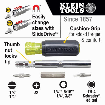 Klein Tools 32596 Multi-Bit Screwdriver/Nut Driver, Magnetic 8-in-1 HVAC Slide Drive Tool with Hex, Phillips, Schrader Bits, Nut Drivers