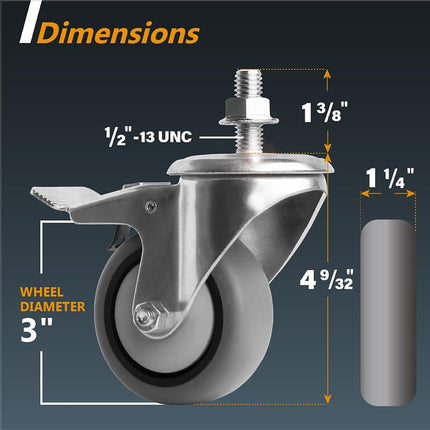 POWERTEC 17201V Roulette pivotante à tige filetée robuste de 3 pouces, capacité de charge totale de 272 kg, avec double frein, pour établis, chariots, diables et meubles, lot de 4, argent