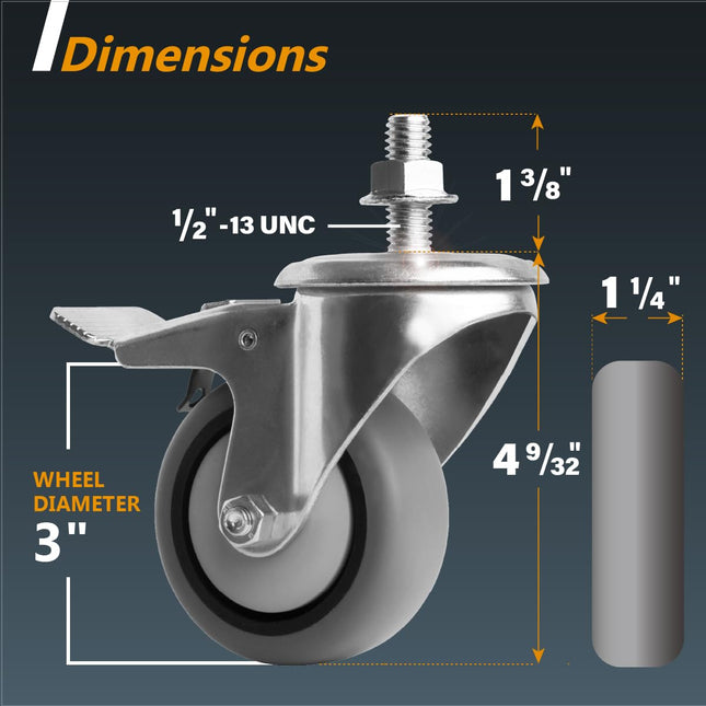 POWERTEC 17201V Roulette pivotante à tige filetée robuste de 3 pouces, capacité de charge totale de 272 kg, avec double frein, pour établis, chariots, diables et meubles, lot de 4, argent