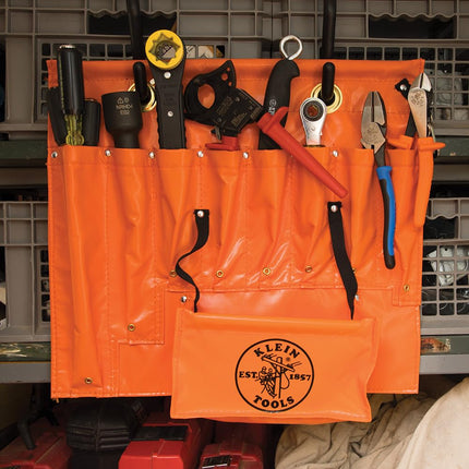 Klein Tools 51828 Tool Apron, Made in USA, 18-Inch Aerial Apron with 8 Pockets and Tool Pouches, Loops and Hooks in Hi-Viz Orange