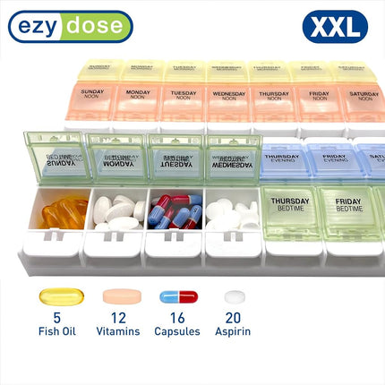 EZY DOSE Pastillero Semanal (7 días), Contenedor de Vitaminas y Organizador Diario de Medicamentos, 2 Compartimentos con Botones, Fácil de Usar para Personas con Artritis, 4 Veces al Día