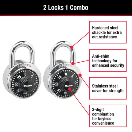 Master Lock 1500T Locker Lock Combination Padlock, Black, 2 Pack